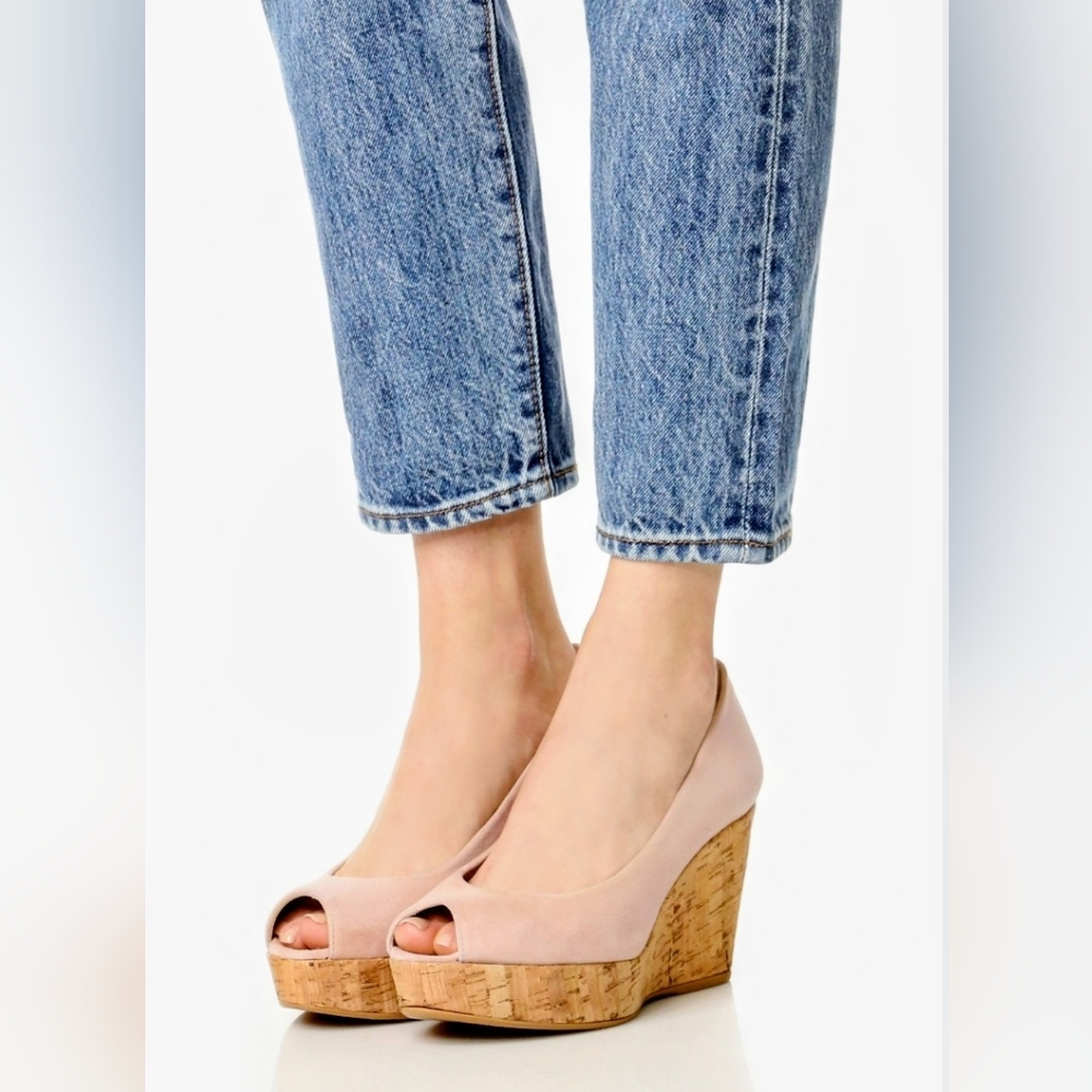 Stuart Weitzman Anna Peeptoe Wedges with Cork Heel